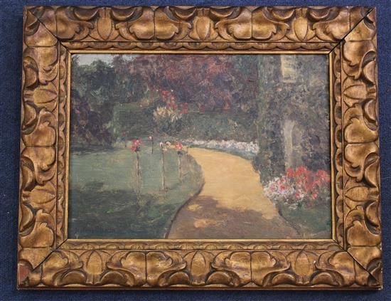 Julius Olsson (1864-1942) Herbaceous borders in a park, 10.25 x 14.25in.